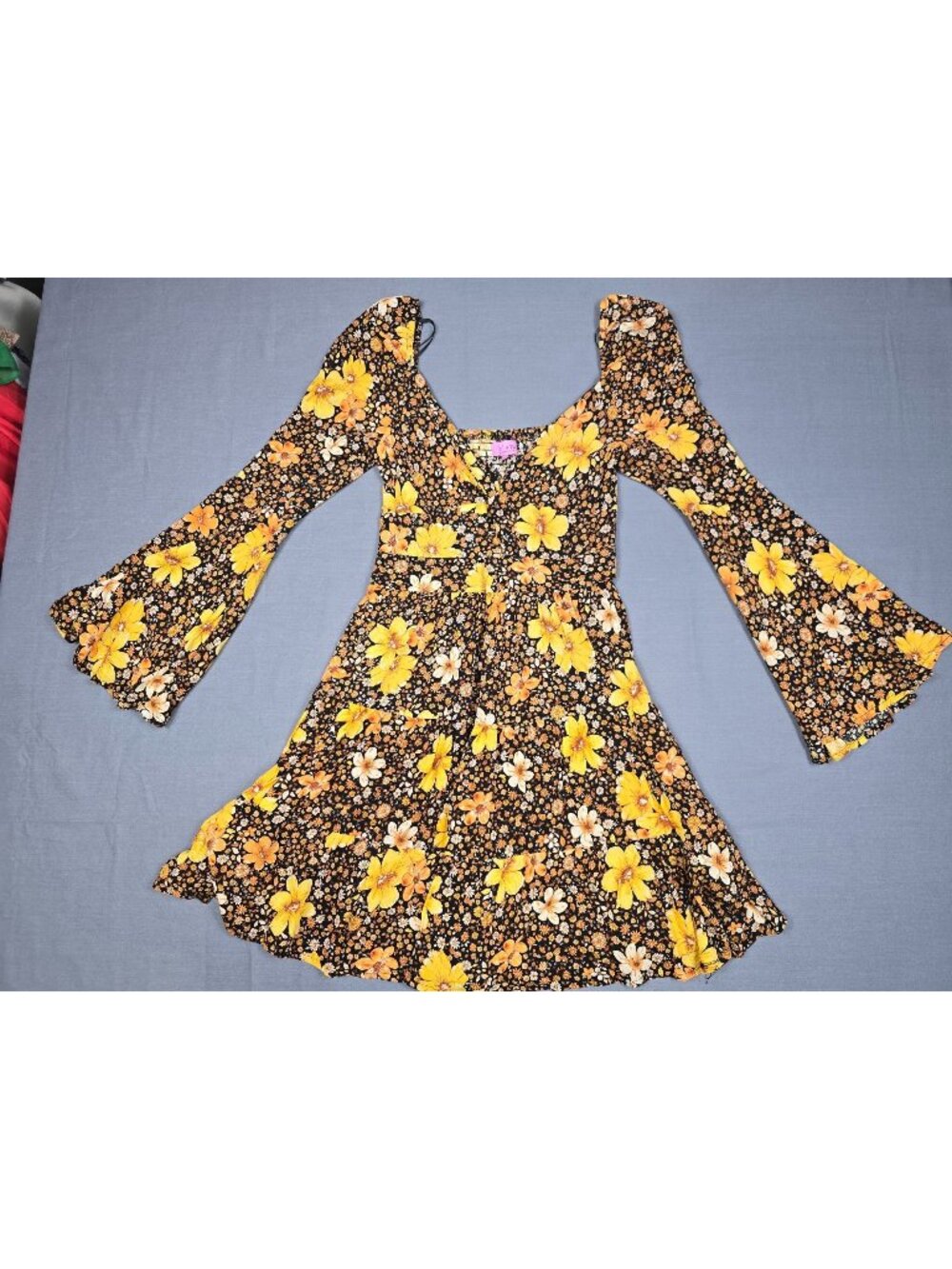 Yellow Brown Floral Bell Sleeve Dress Mi Ami XS Boho Cottagecore Hippie Prairie